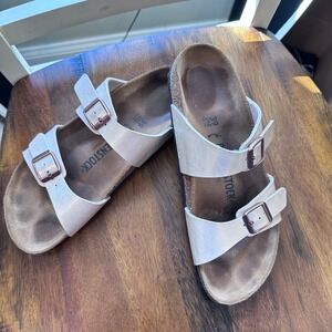 Birkenstock Arizona Sandals Womens 39 N White Silver Birko-Flor Rose Gold Buckle